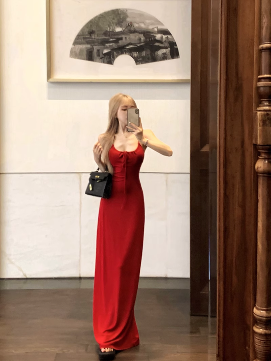 Sexy Straps Red Sheath Long Party Dress Birthday Outfits YM1825