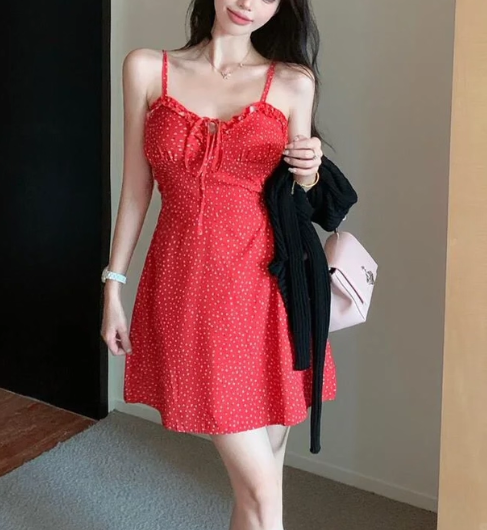Sexy Red Polka Dot Hot Girl Suspender Floral Dress Short Holiday Dress YM2330