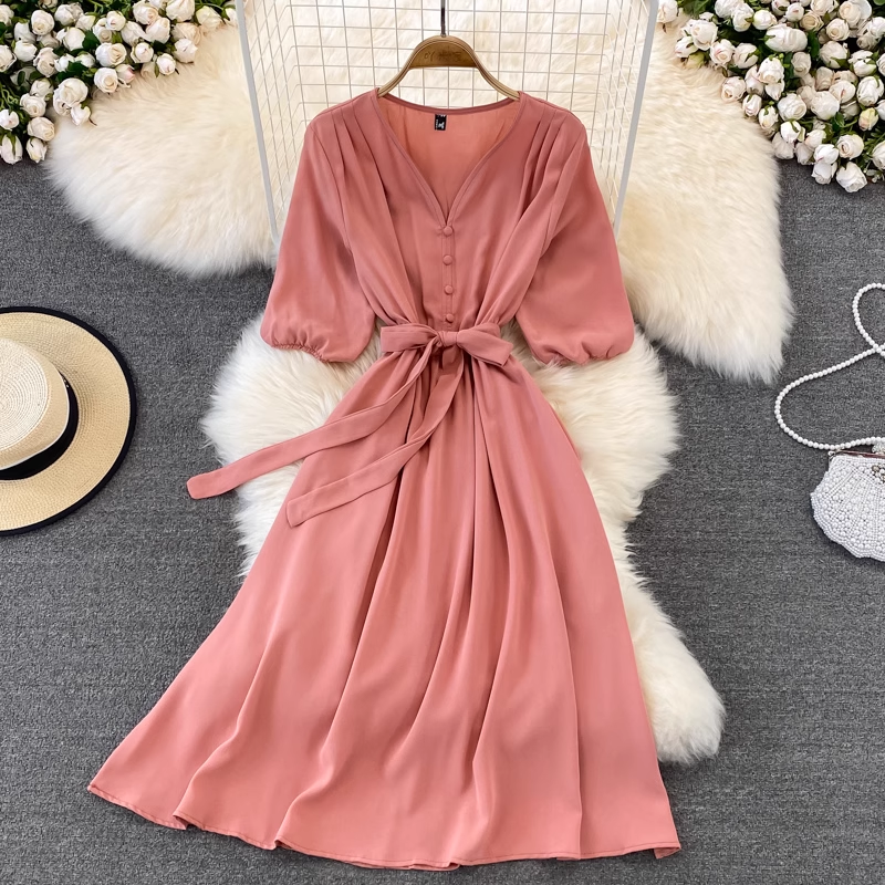 chic retro solid color ruffled mid-length square neck dress ,YM210