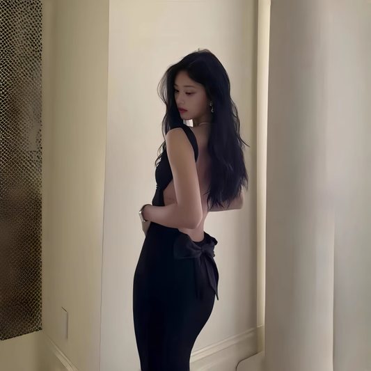 Sexy Black Bow Backless Spaghetti Straps Long  Birthday Dress Holiday Dress YM2223