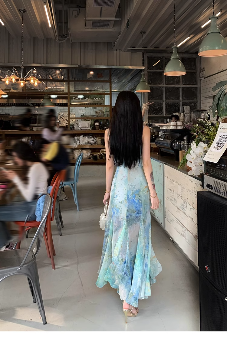 Charming Spaghetti Straps Smudge Dyed Print Mermaid Prom Dress Long Evening Dress YM1992
