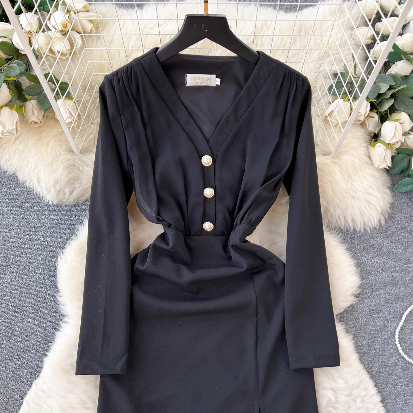Long sleeve V-neck slit black dress YM800