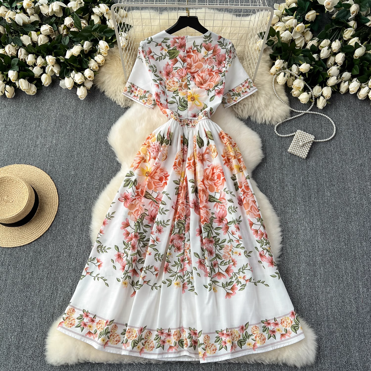 Summer new style French retro palace style printed elegant dress YM1105