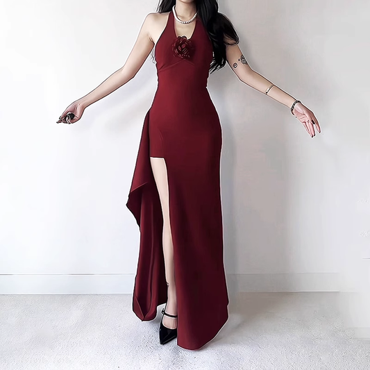 Red Halter V-neck Party Dress Sexy Slit Sheath Long Vacation Dress YM2208