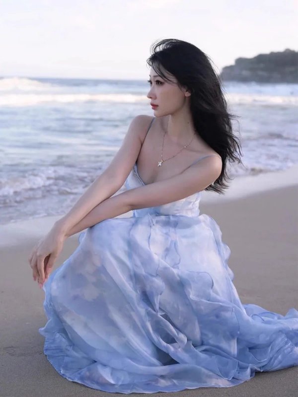 Classy Blue Suspender Party Dress Seaside Holiday Beach Long Dress YM2307