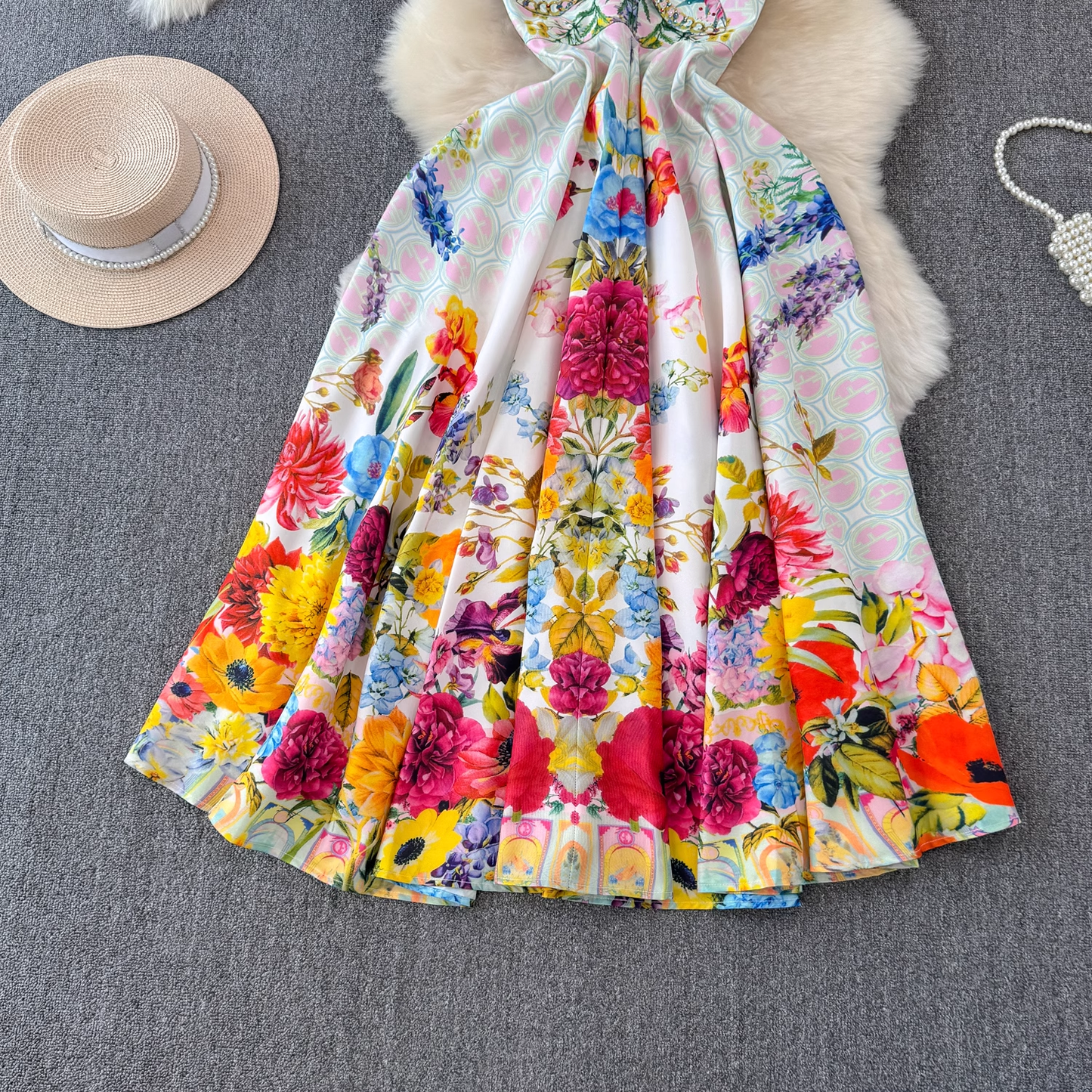 Colorful floral suspender seaside vacation dress YM1424
