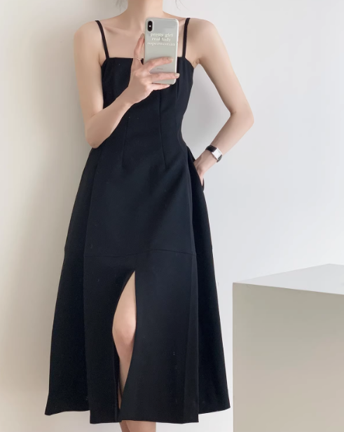 Black retro slit suspender black a line party prom dress YM1954