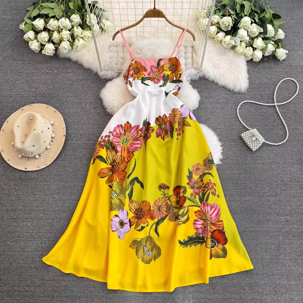 Women's retro floral suspender dress summer bohemian style YM1425