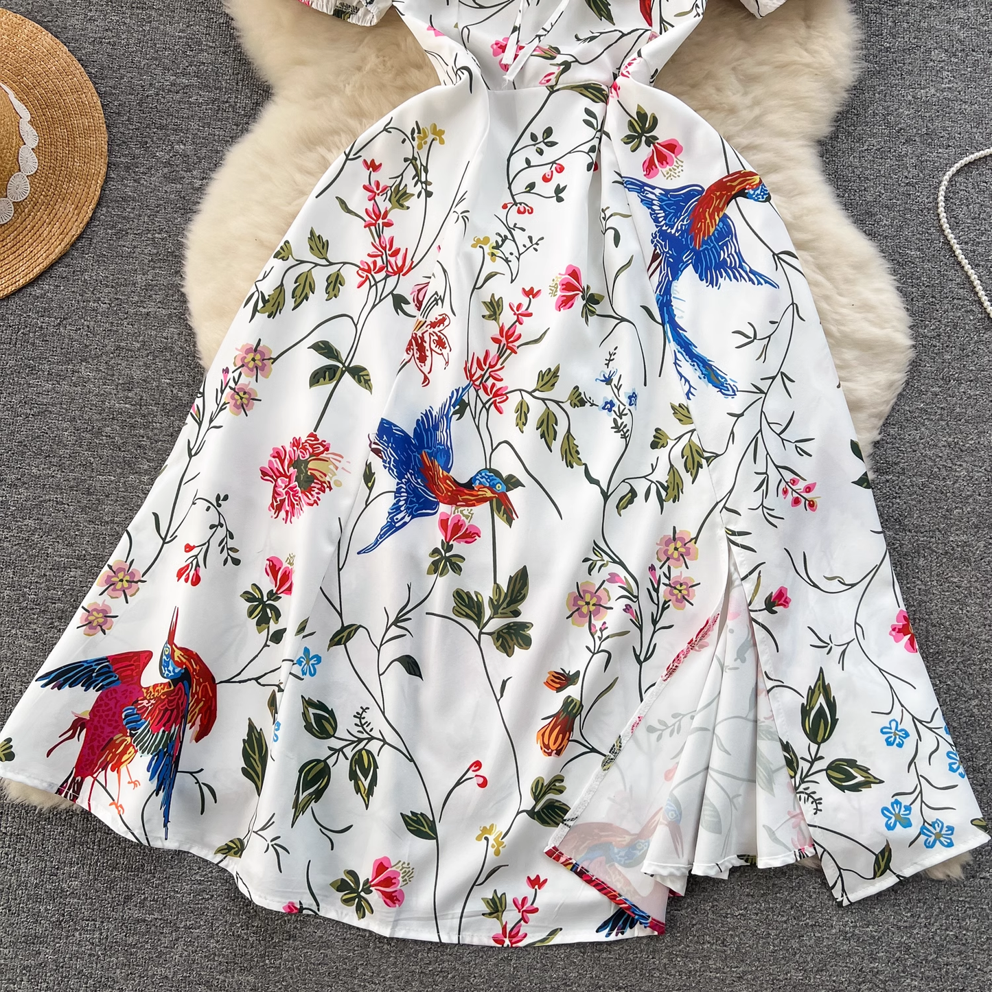 Square neck printed puff sleeve holiday dress YM1218