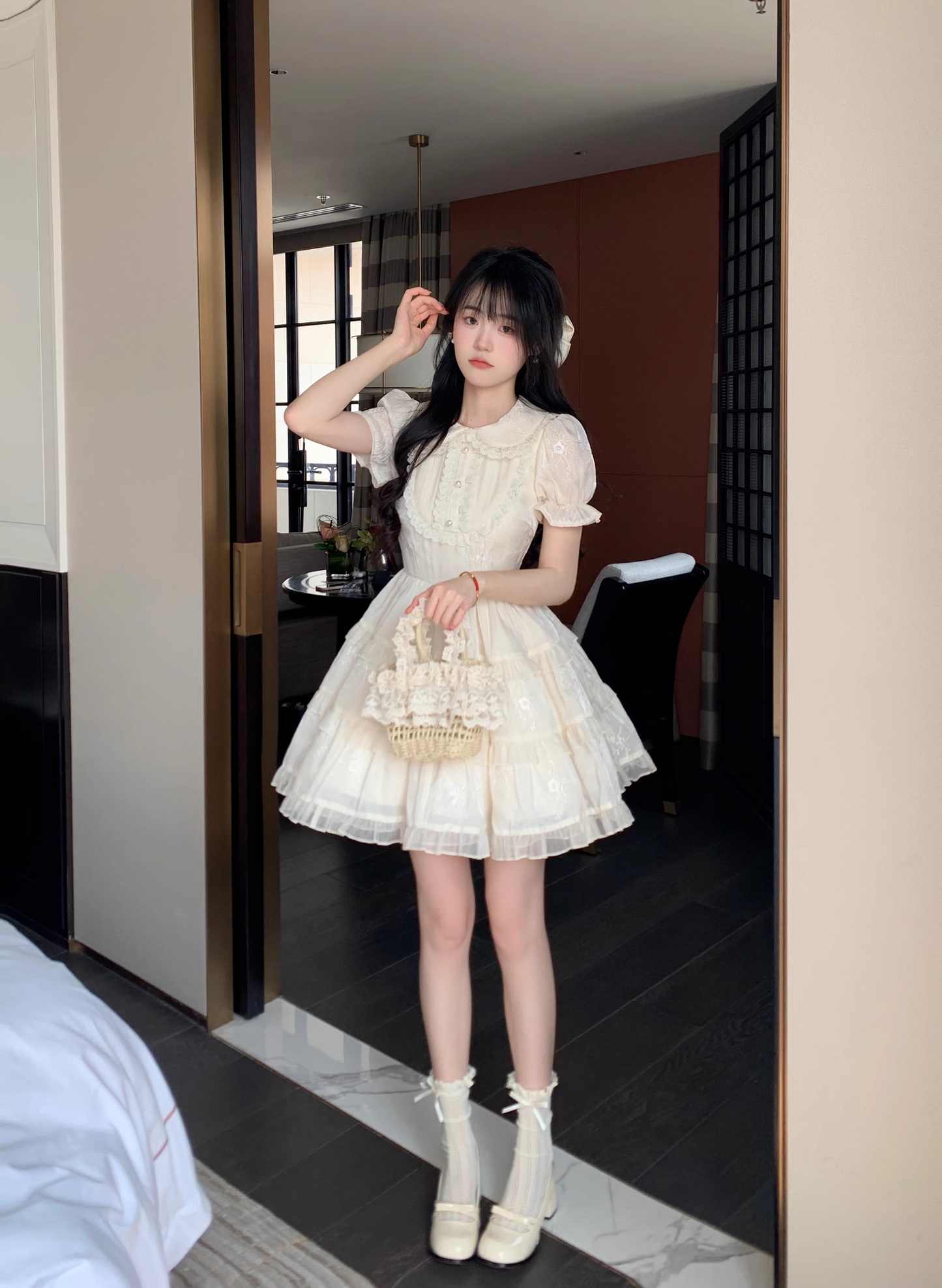 Sweet Apricot And Age-Reducing Doll Collar Pearl Lace Cake Dress Princess Dress YM2030