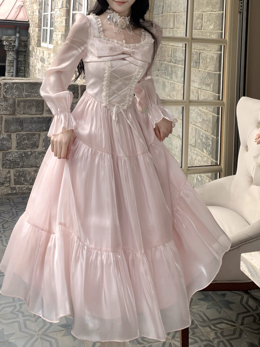 Pink French Square Neck Long Dress Fairy Glossy Party Dress Prom Dress YM2027
