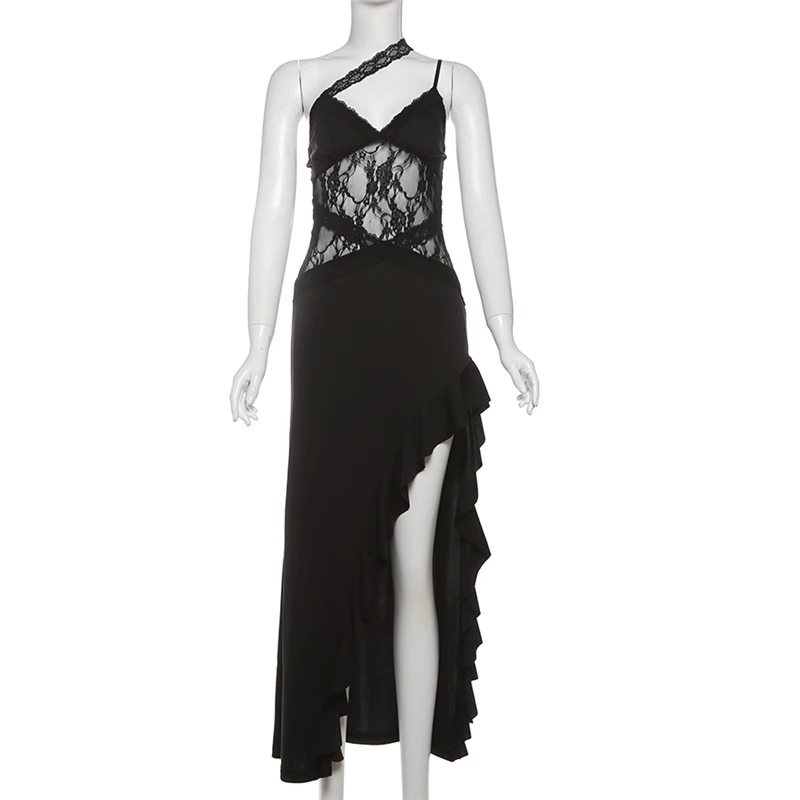 Sexy Spaghetti Straps Black Lace Slit Ruffle Party Dress Birthday Outfits YM2198