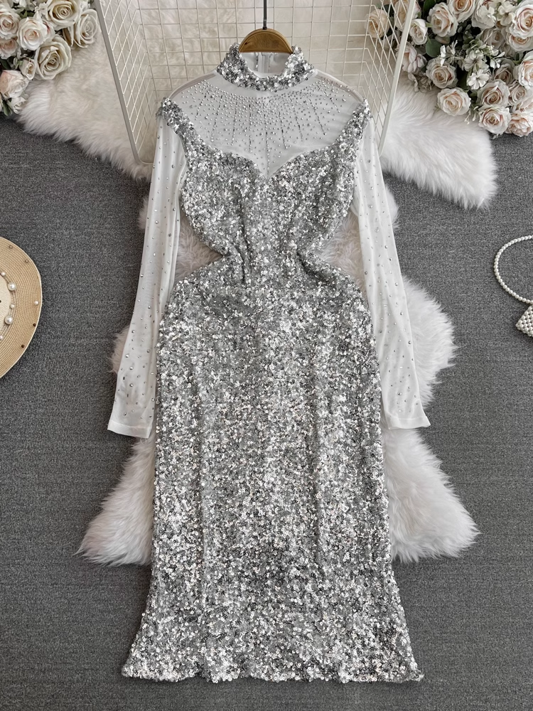 Long-sleeved mesh patchwork stand-up collar sparkling sequin dress YM1015