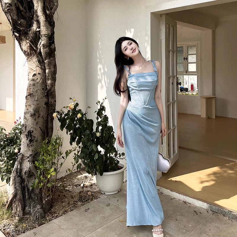 Charming Blue Spaghetti Straps Mermaid Birthday Party Dress Long Holiday Dress YM2239