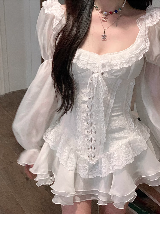 White Tulle Lace Prom Princess Dress With Puff Sleeves YM1976