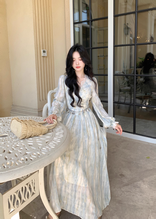 Elegant Blue Tie-Dye Lace V-Neck Long-Sleeve Party Dress Birthday Outfits YM2049