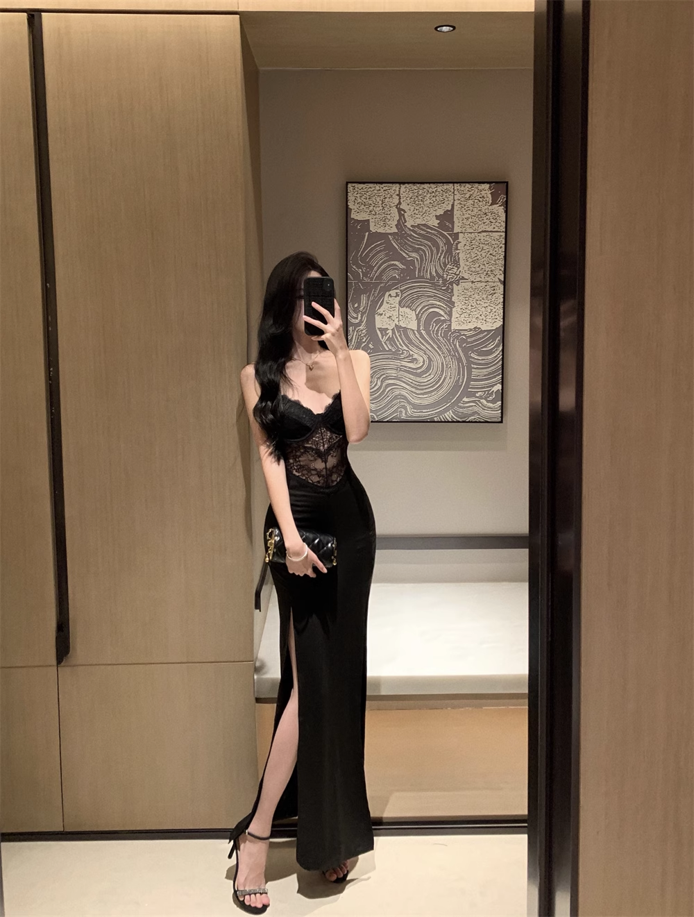 Vintage black lace stitching high slit sexy straps party dress evening dress YM1966