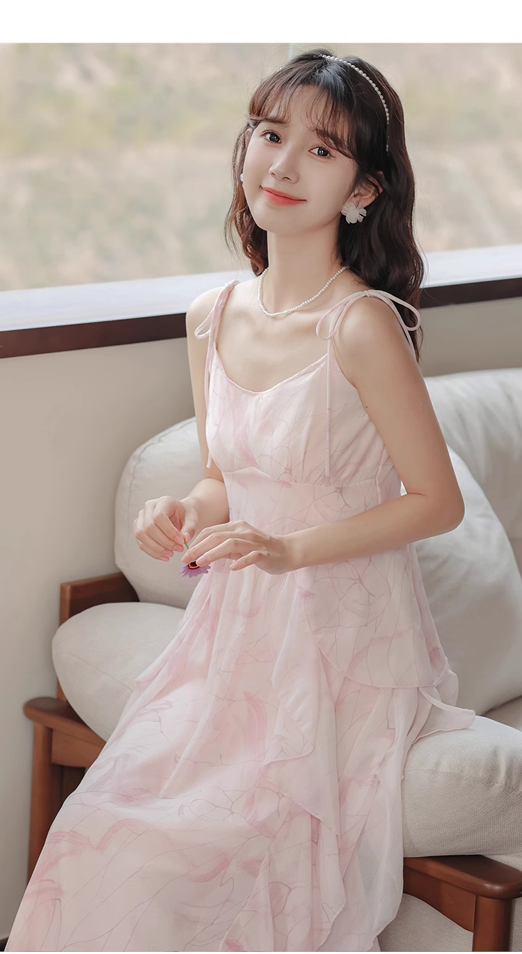 Pink ruffled chiffon suspender dress for women summer YM1188