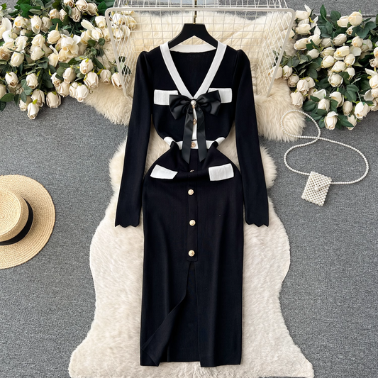 Knitted dress women's autumn and winter bow single-breasted design maxi dress YM508