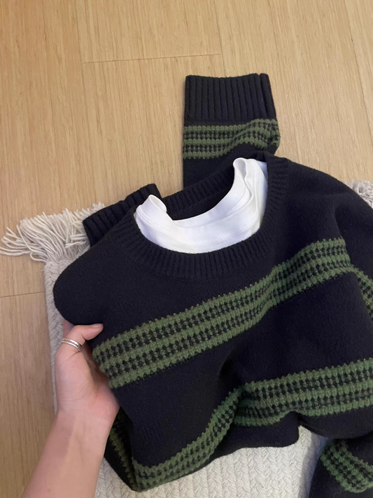 Striped Color-Blocked Sweater, Soft Knitwear YM2409