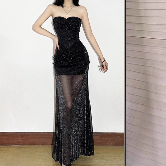 Glitter Black Sweetheart Neck Long Party Dress Vacation Dress YM2201
