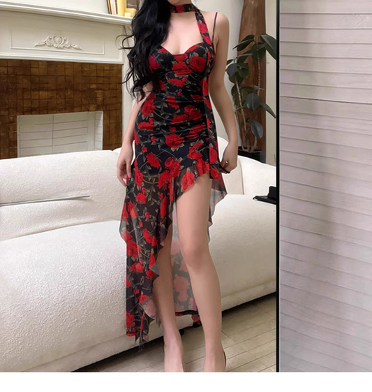 Romantic Red Print Holiday Straps Irregular Mermaid Backless Vacation Dress Party Dress YM2134