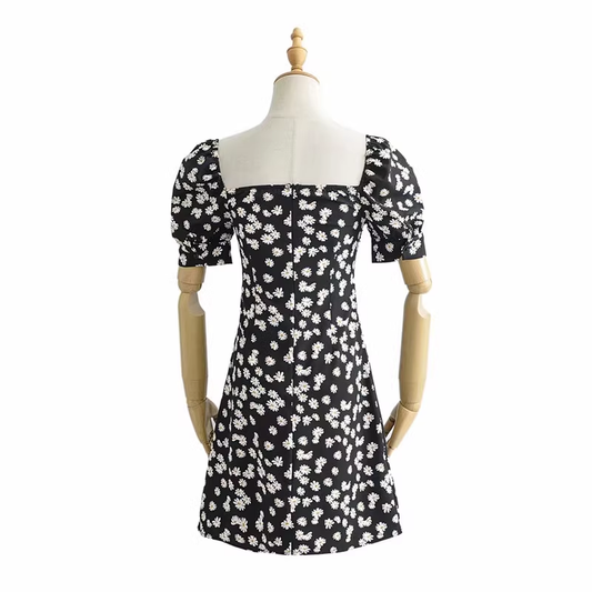 Retro pastoral floral daisy slim square neck dress YM484