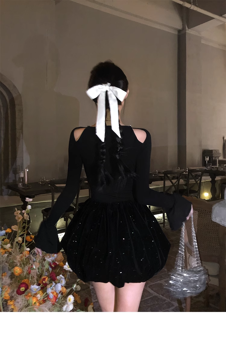 New Style Birthday Date Dress Off-shoulder Long-Sleeved Black Prom Dress YM1978