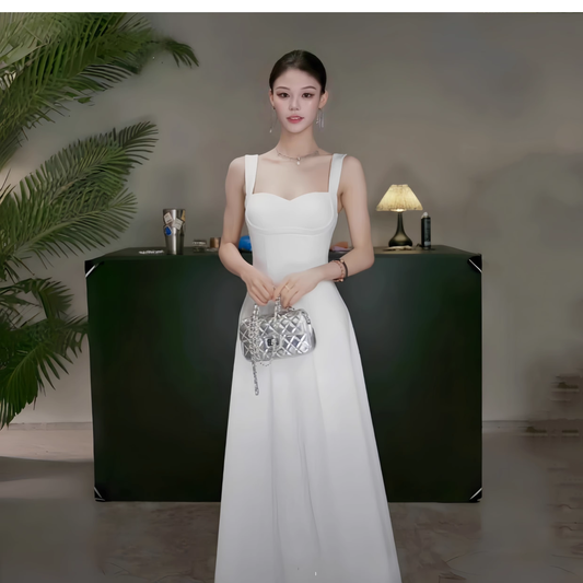 Classy Spaghetti Straps White Sweetheart Neck A Line Long Birthday Outfits Holiday Dress YM2245