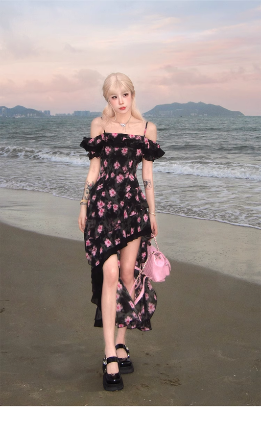 Charming Off The Shoulder Floral Chiffon Long Prom Dress Irregular Party Dress YM2008