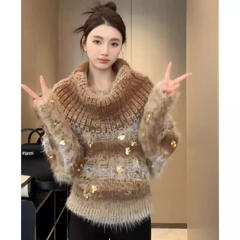 Heavy Industry One Shoulder Sequined Sweater Thickened Soft Knitted Sweater YM1810