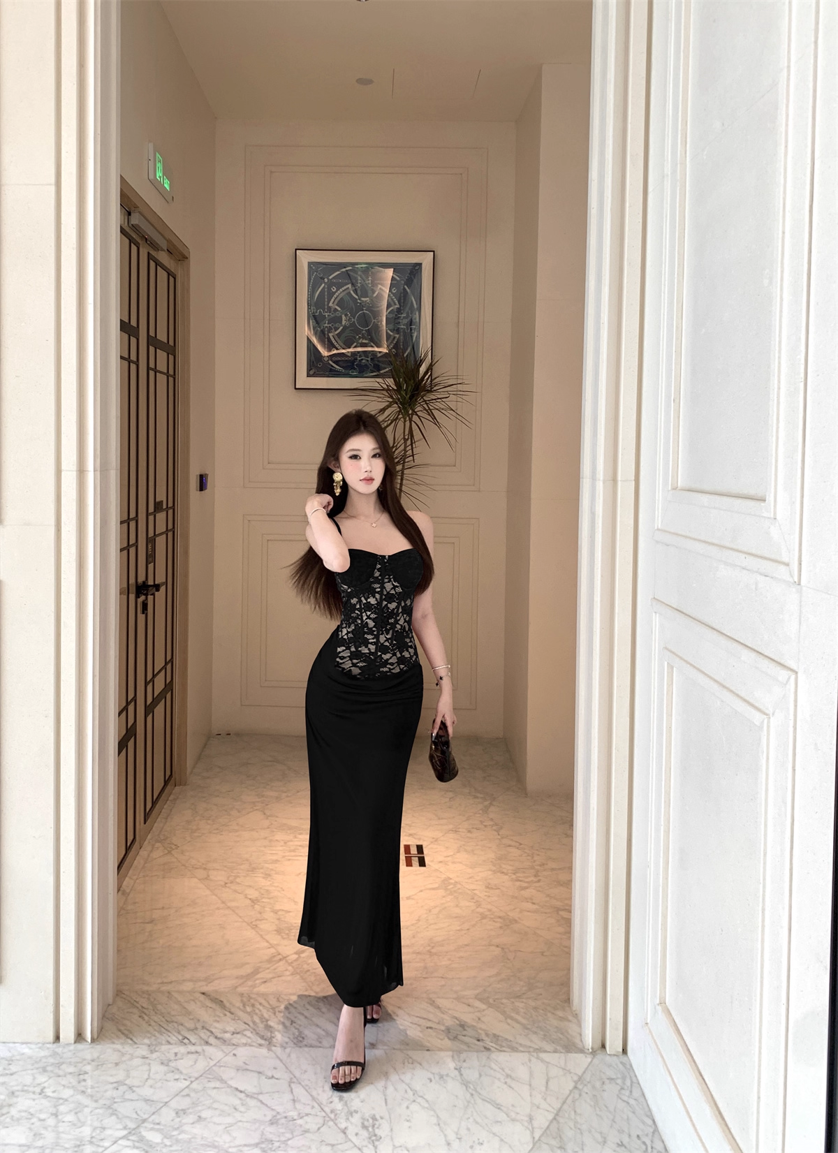 Sexy Black Lace Straps Long Party Dress Birthday Dress YM2172
