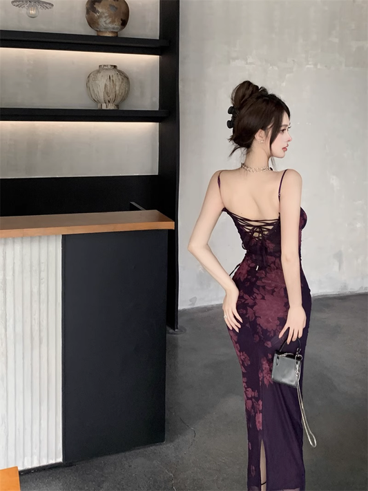 women's purple floral suspender dress YM768