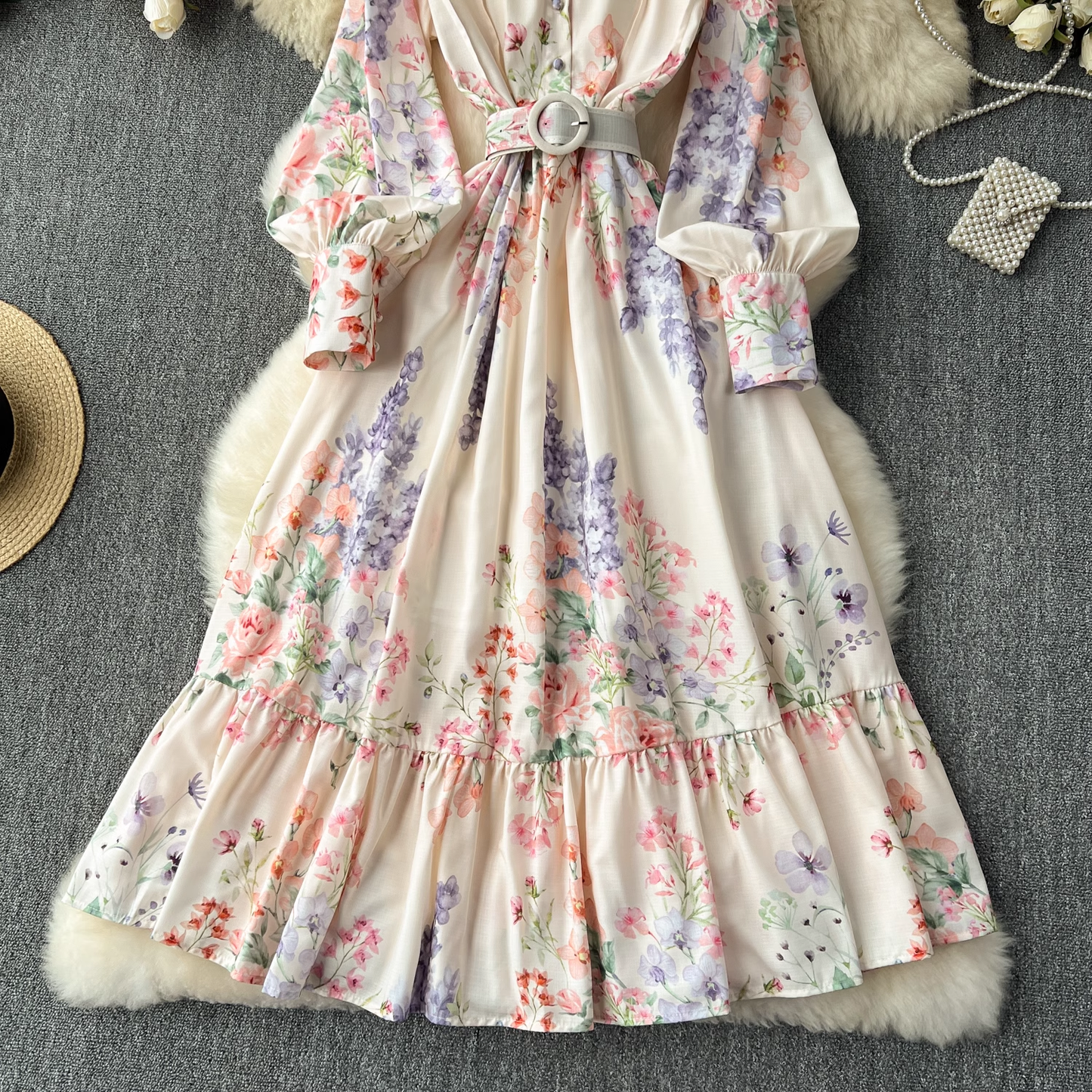 Retro elegant lantern long-sleeved waist printed dress YM1104