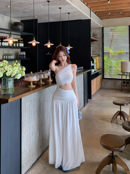 Off-shoulder Sleeveless White With Hollow Slit A-line  Long Holiday Dress Vacation Dress YM2109