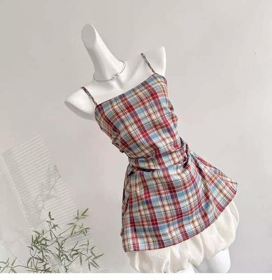 Plaid Suspender Dress A Line Mini Birthday Dress YM2093