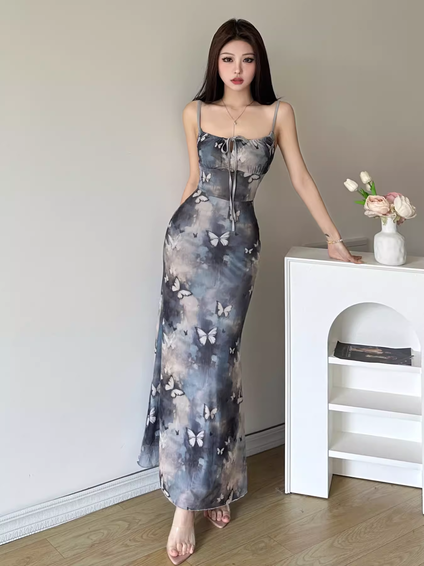 Women's retro butterfly smudged suspender dress YM1341