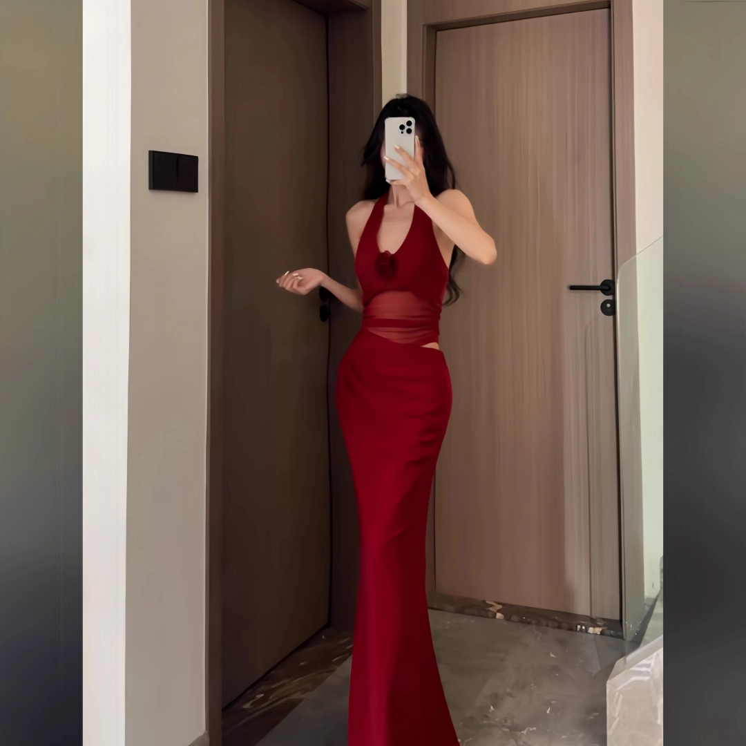 Red Halter Birthday Dress Sexy V Neck Sheath Long Vacation Dress YM2262