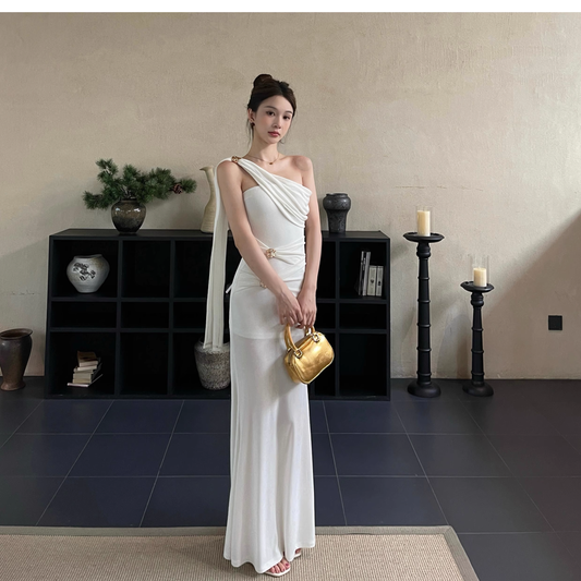 Classy White One Shoulder Sheath Long Birthday Dress Holiday Dress YM2269