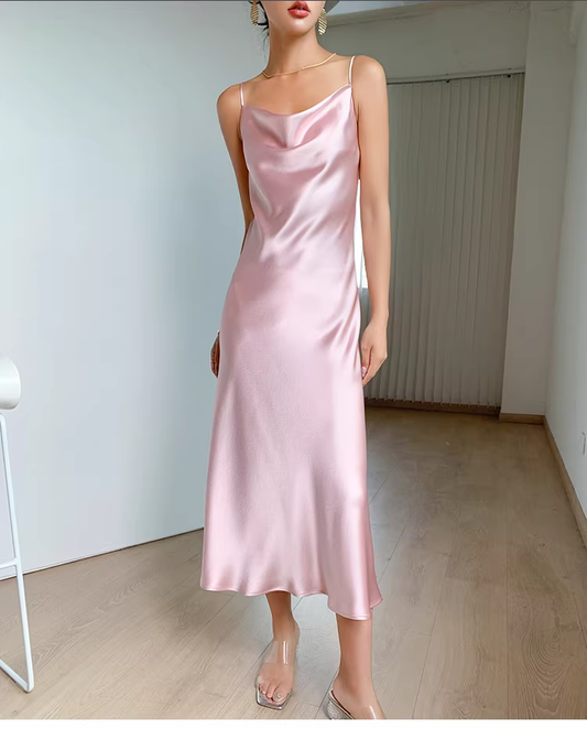Simple Pink Spaghetti Straps Satin Long Holiday Dress Birthday Dress YM2434
