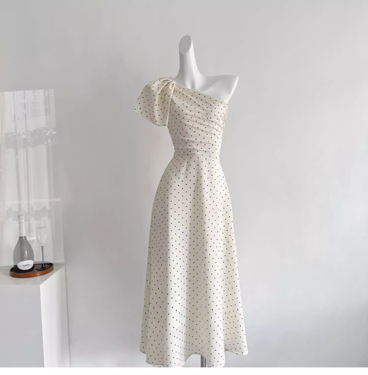 French Off-shoulder Design High-end White Polka Dot Temperament Long Dress YM2094