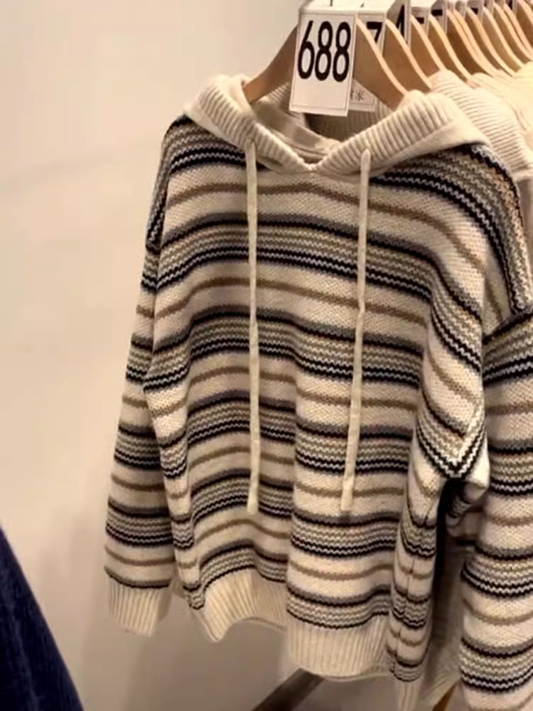 Beautiful striped hooded knit sweater YM1907