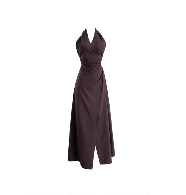 Retro Coffee Color V-neck Halter Dress New Style Waist Slimming Slit Backless Long Holiday Dress YM2321