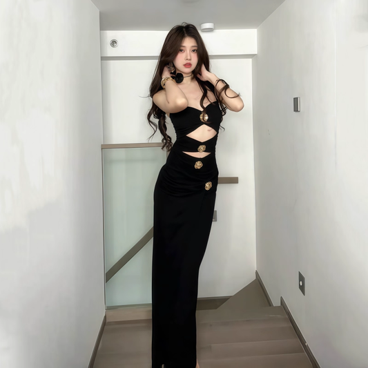 Black Sexy Hollow Halter Neck Sheath Long Holiday Dress Birthday Dress YM2219