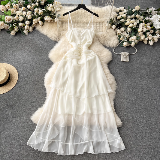 Long irregular ruffle suspender dress YM1201