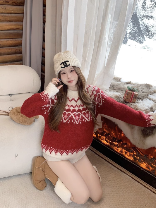 Vintage Red Jacquard Crew Neck Long Sleeves Sweater YM1813