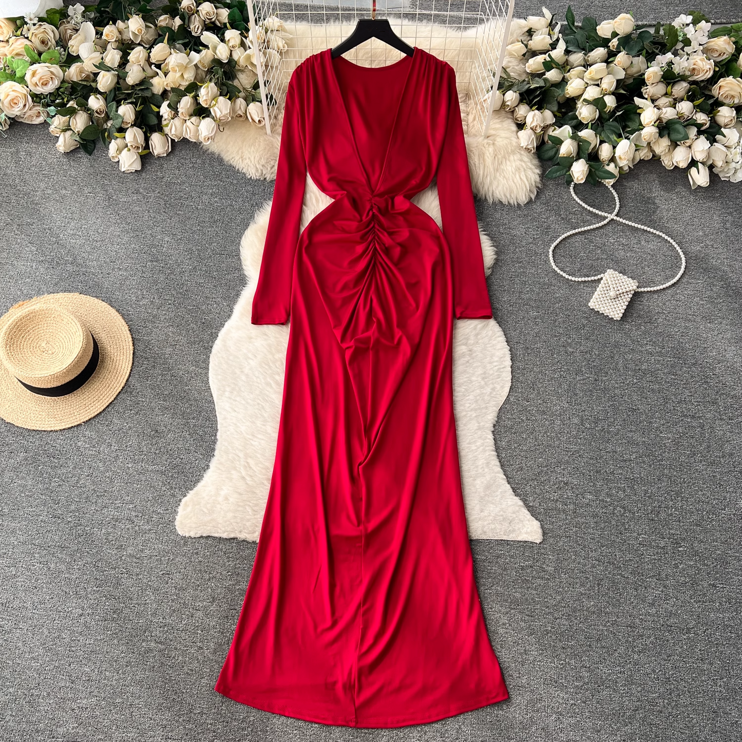Deep V-neck low-cut pleated mid-length summer dress YM443