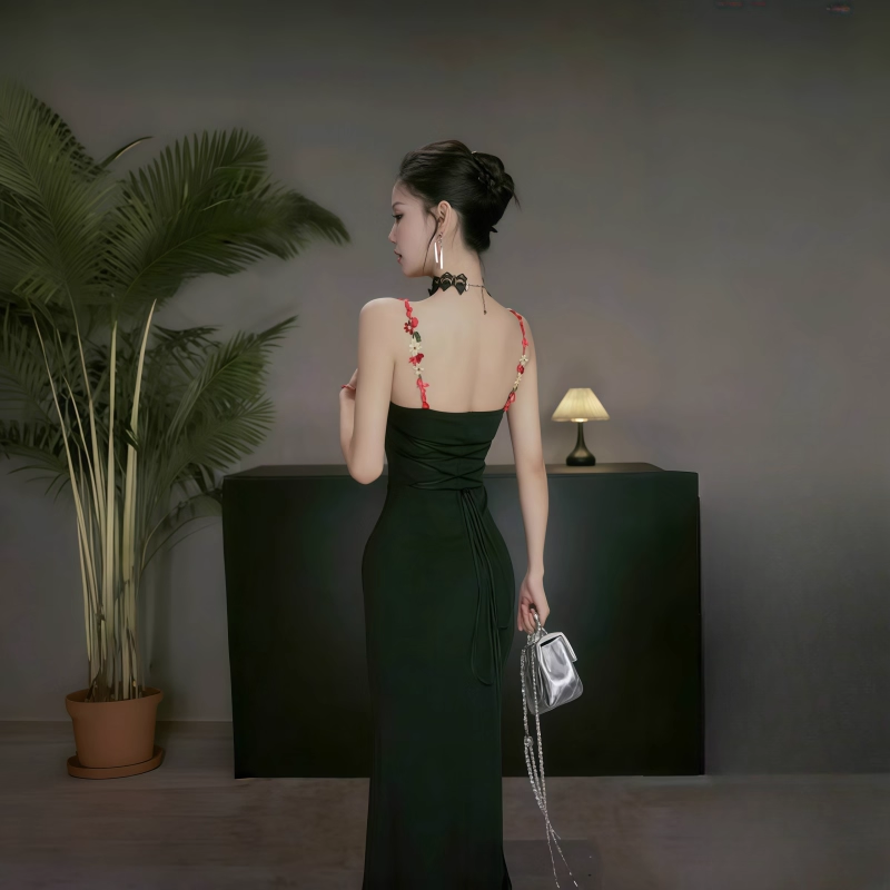 Black Suspender Holiday Dress Sexy Embroidered Sheath Long Birthday Dress YM2266