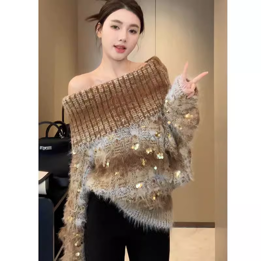 Heavy Industry One Shoulder Sequined Sweater Thickened Soft Knitted Sweater YM1810