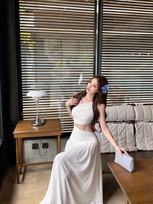 Off-shoulder Sleeveless White With Hollow Slit A-line  Long Holiday Dress Vacation Dress YM2109